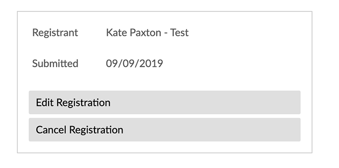 This screen shows the student's name and the date they registered for orientation. Underneath the date are two buttons, which read Edit Registration, and Cancel Registration.