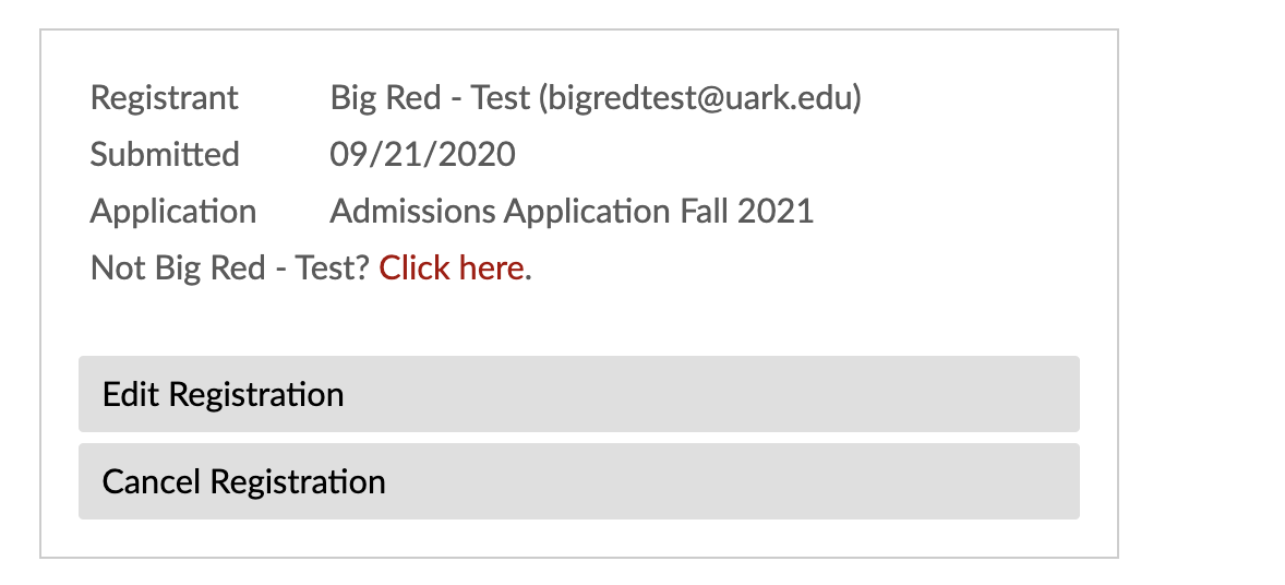 This screen shows the student's name and the date they registered for orientation. Underneath the date are two buttons, which read Edit Registration, and Cancel Registration.